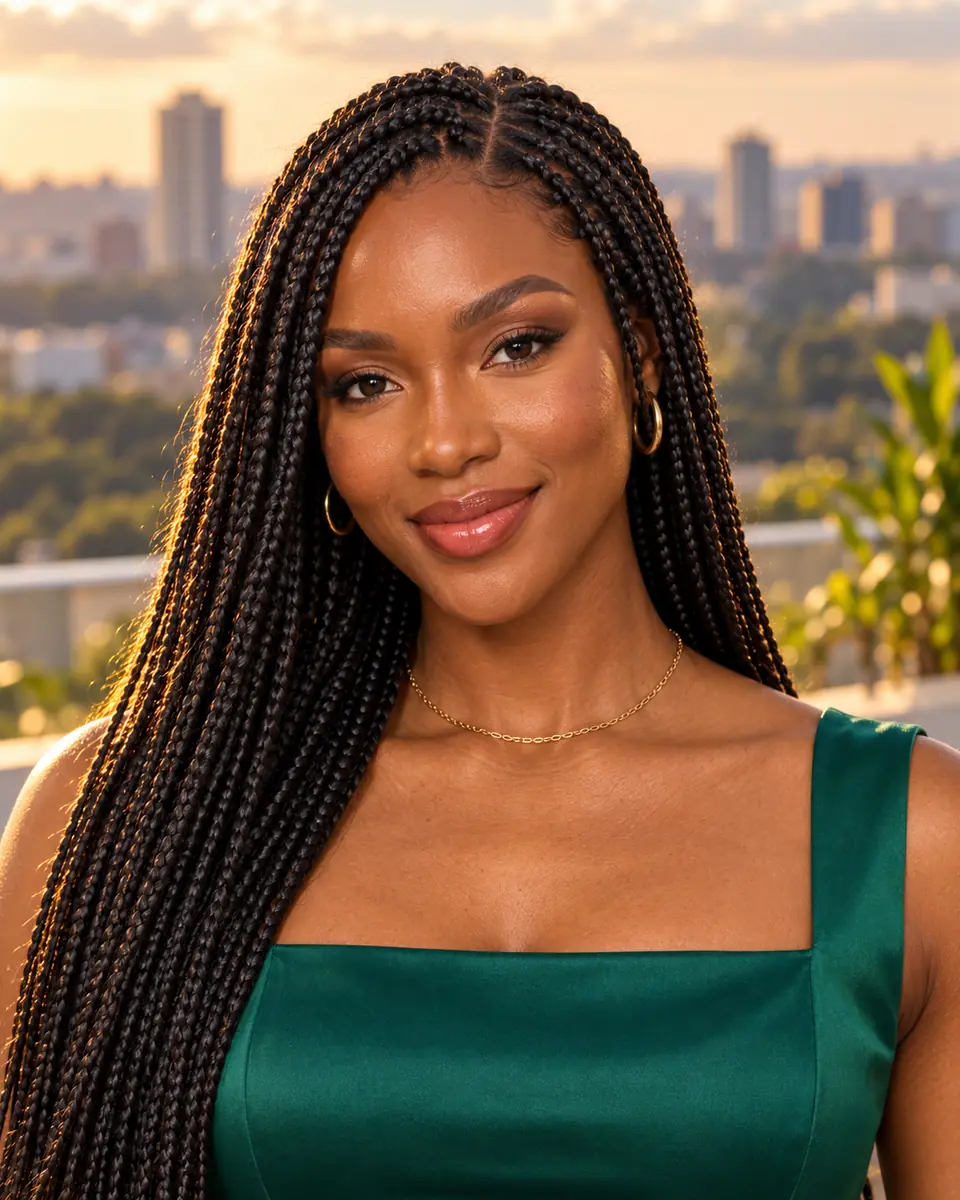 Nolu smiling at golden hour on a city rooftop, her long box braids over one shoulder